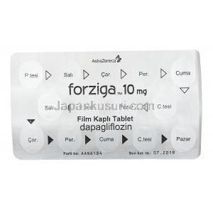 フォージガ(フォシーガ),ダパグリフロジン 10mg　シート裏面,　製造元：AstraZeneca(トルコ製)